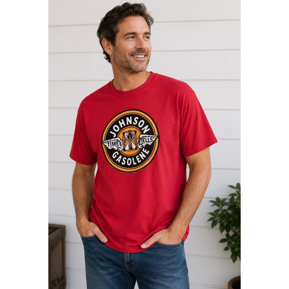 Johnson Gasolene Tee XL Americana Garage Core Moto Vintage Advertising Graphic